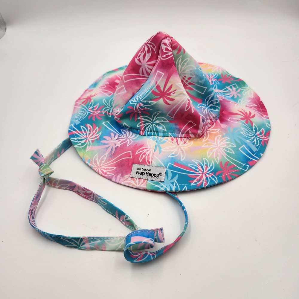 The Original Flap Happy Sun Hat UPF 50+ Palm Tree‎ Tie Dye Rainbow Girls S